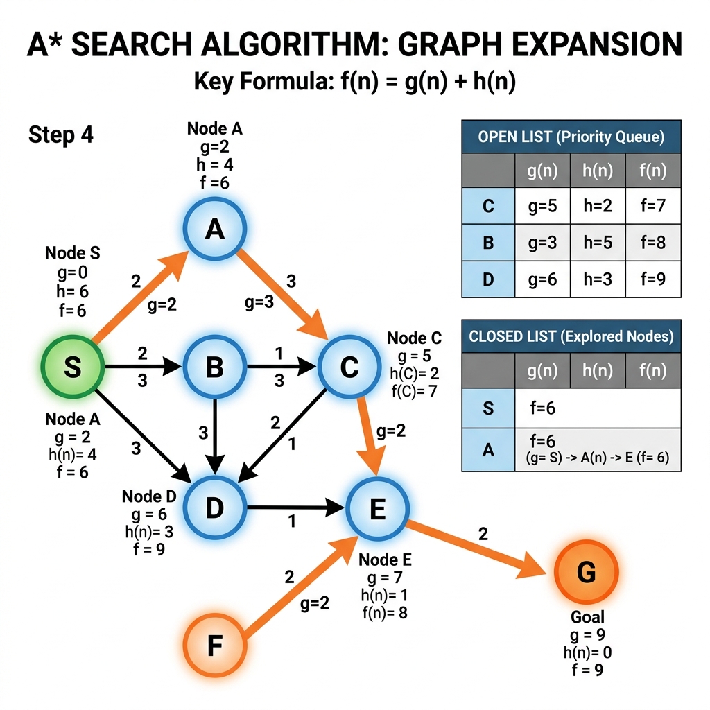 Figure: A* Search Algorithm Graph Expansion & Heuristic Evaluation