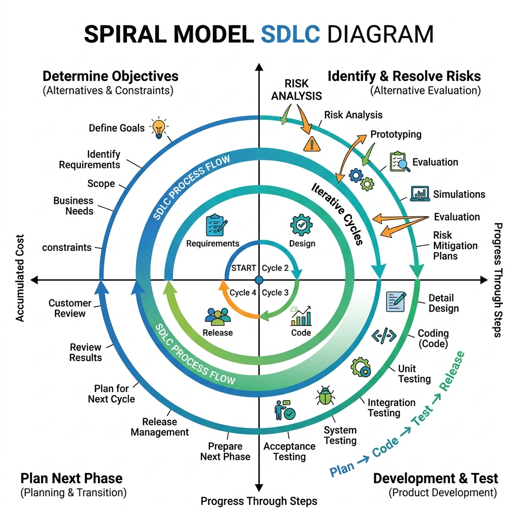 Figure: Spiral Model SDLC Quadrants & Risk Analysis Flow