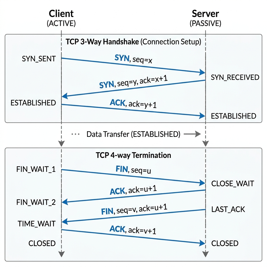Figure: TCP 3-Way Handshake Connection & 4-Way Termination Protocol