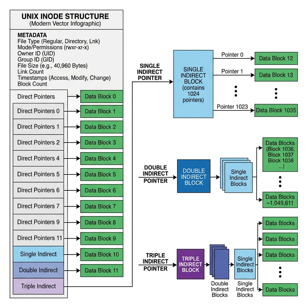 Figure: UNIX Inode Block Structure & Pointer Mapping
